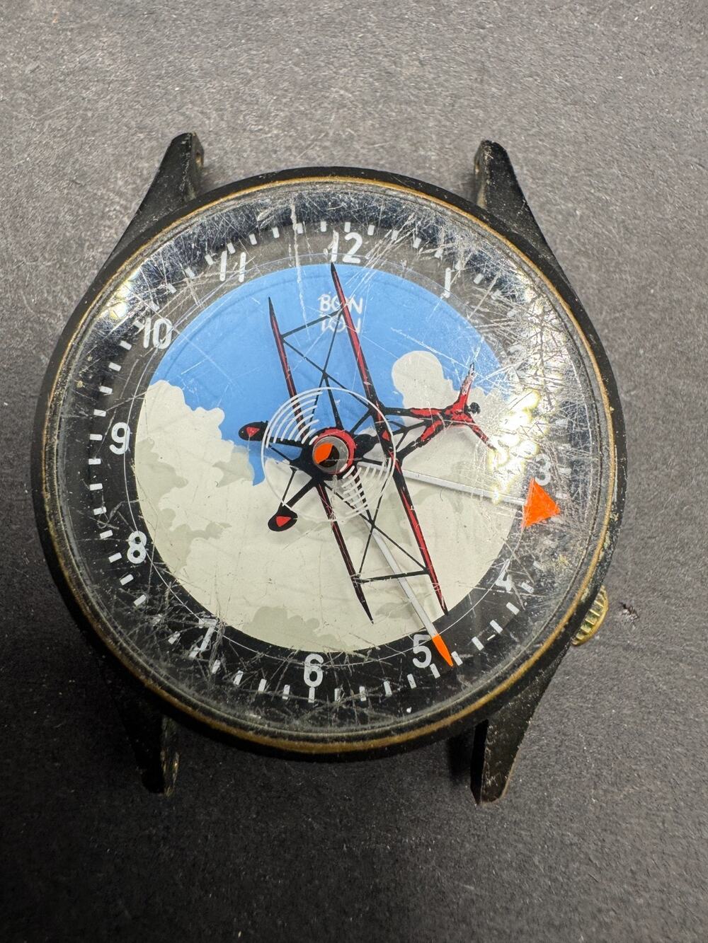 Vintage Bon Ton Plane 34mm Quartz Men's Watch Spinning Propeller Seconds Hand
